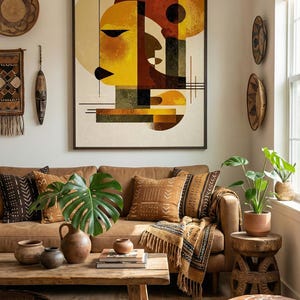 May include: A living room with a brown leather sofa, decorative pillows, and a wooden coffee table. A large framed abstract art piece hangs above the sofa. Woven baskets and a patterned rug add to the room's decor.