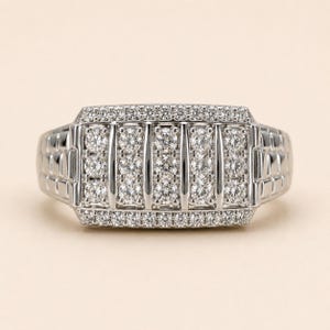 1.00 ct Labgrown Dia Ring, Sterling Silver 925 Rectangular Statement Ring, Clear Multirow Wide Band,