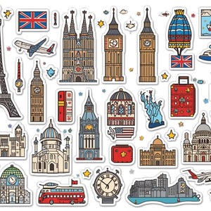 May include: A collection of travel-themed stickers featuring iconic landmarks like the Eiffel Tower, Big Ben, and the Statue of Liberty. Includes airplanes, flags, and a red suitcase. The stickers are outlined in black.