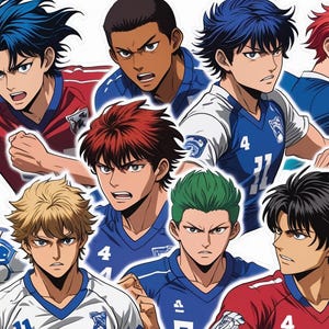 May include: Illustration of multiple anime-style soccer players with various hair colors, including blue, red, and blonde. The players are wearing blue and red soccer uniforms. Soccer balls are also present in the image.