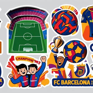 Puede incluir: Un conjunto de pegatinas coloridas con gráficos del equipo de fútbol FC Barcelona. Incluye el logotipo del equipo, un estadio, balones de fútbol, camisetas, trofeos y textos como "Champions", "Goal", "Champion", "FC Barcelona" y "Victory".