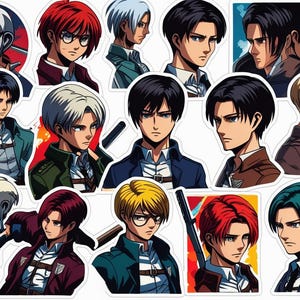 May include: A selection of anime-style stickers depicting characters with diverse hairstyles and attire. The stickers display a variety of colours, including red, black, and blonde, with detailed facial expressions and dynamic poses. The stickers are likely from the popular anime series, Attack on Titan.
