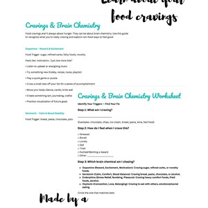 May include: A white paper with the title "Learn about your food cravings" in a handwritten font. The document includes sections on cravings, brain chemistry, and a worksheet to identify triggers. Text includes "Made by a Registered Dietitian."
