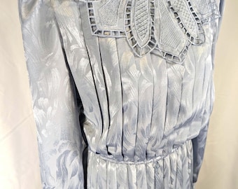 Vintage 1990s Periwinkle Jacquard Midi Dress with Intricate Lace Collar