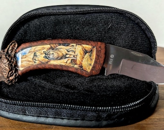 Vintage Franklin Mint Timber Wolf Pocket Knife Sculpted Head Bolster Wildlife Case
