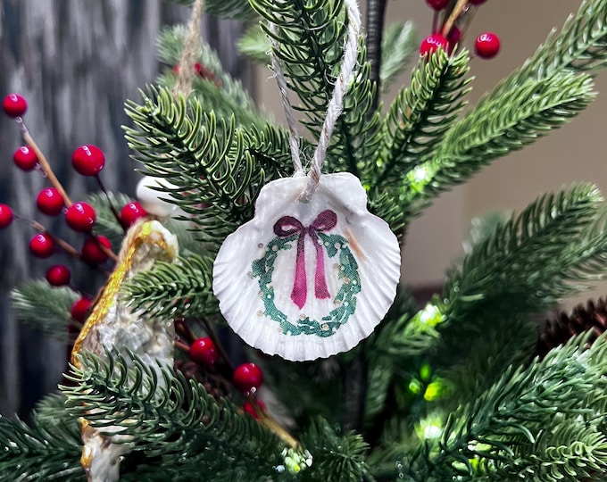 Featured listing image: Decoupaged Scallop Shell Christmas Ornament – Coastal Holiday Decor