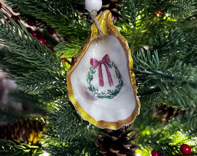 Featured listing image: Decoupaged Oyster Shell Ornament – Coastal Christmas Tree Décor with Wreath Design, Gold Edged Seashell Ornament, Nautical Holiday Gift