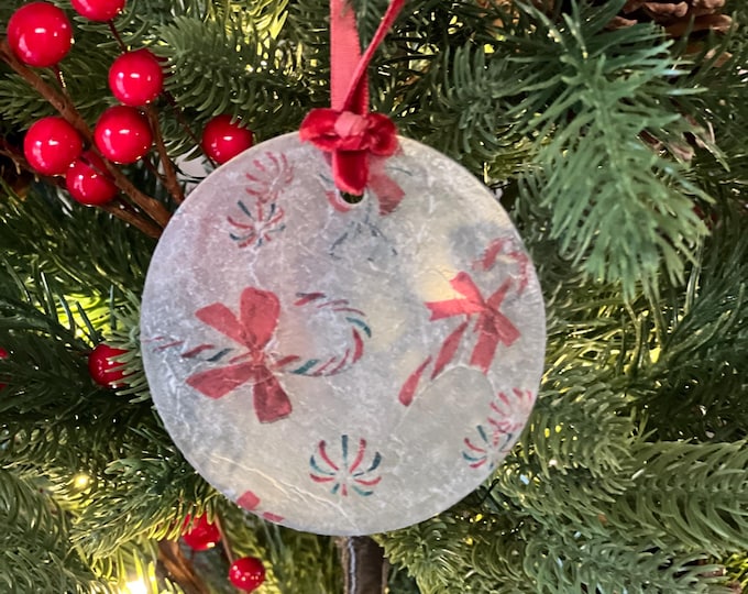 Featured listing image: Frosted Glass Candy Cane Ornament – Decoupaged Holiday Decoration