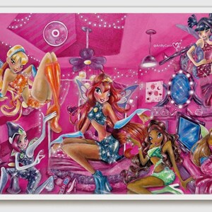 May include: A vibrant illustration featuring several fairies in a pink room. The fairies have colorful outfits and wings. The room is decorated with lights and a mirror. The artwork has a cartoon style.
