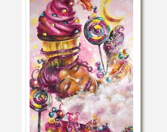 Whimsical Candy Dream Girl Portrait Art Print | Fantasy Pastel Pink Decor