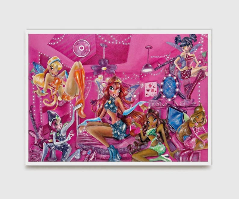 May include: A vibrant illustration featuring several fairies in a pink room. The fairies have colorful outfits and wings. The room is decorated with lights and a mirror. The artwork has a cartoon style.