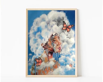 Surreal Butterfly Cloud Illustration Art Print, Fantasy Girl Wall Art