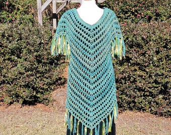 Crochet Dress with Kerchief Sleeves, V-neck Dress, Crochet Tunic, Bohemian Dress with fringe