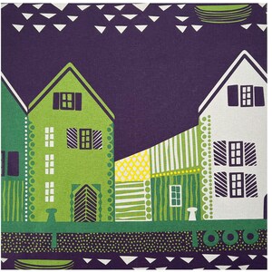May include: A fabric with a repeating pattern of stylized houses in shades of green and white against a dark purple background. The design includes geometric shapes and lines, with a row of dots and triangles at the bottom.