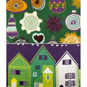 May include: A two-part textile design. The top section features a green background with various ornaments in purple, yellow, and white. The bottom section displays a row of stylized houses in shades of green and white against a purple background.