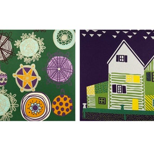 May include: Two panels of art. One features various circular ornaments in shades of white, purple, yellow, and orange on a dark green background. The other panel depicts stylized houses with green and white walls, black shutters, and yellow windows against a dark purple sky.