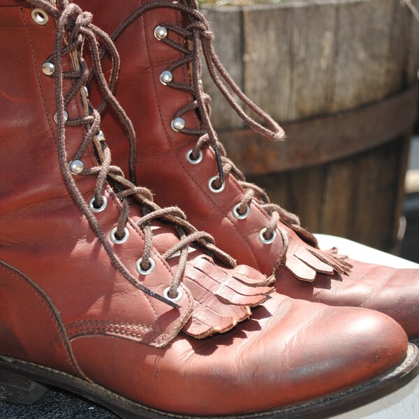 Vintage Womens Brown Leather Justin Kiltie Lacer Boots Size 7 1/2 B