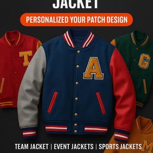 Może przedstawiać: Obraz promocyjny niestandardowych kurtek typu letterman w kolorach czerwonym, granatowym i zielonym. Każda kurtka ma dużą naszywkę z literą. Tekst brzmi "CUSTOM LETTERMAN JACKET" i "PERSONALIZED YOUR PATCH DESIGN". Obecny jest również tekst "TEAM JACKET | EVENT JACKETS | SPORTS JACKETS".