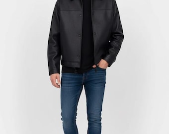 Black Cropped Leather Jacket – Minimalist Unisex Snap Button Jacket, Modern Streetwear Outerwear