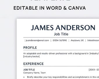 Puede incluir: Plantilla moderna de currículum vitae y carta de presentación, con el texto "EDITABLE IN WORD & CANVA". La plantilla incluye secciones para un perfil, experiencia e información de contacto. El currículum es blanco con texto negro.