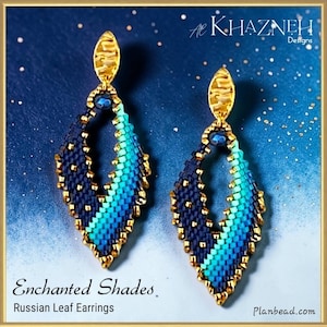 May include: A pair of beaded earrings featuring a diamond-shaped Russian leaf design. The beads transition from dark navy blue to bright turquoise, accented with gold-colored beads along the edges. Each earring has a gold-toned top post.