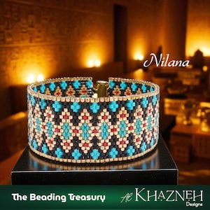 May include: A beaded bracelet with a geometric pattern in black, turquoise, red, and gold. The bracelet is displayed on a black surface. The text "Nilana" is in the upper right corner. The text "The Beading Treasury" and "Al Khazneh Designs" are at the bottom.