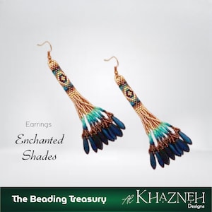 May include: A pair of handcrafted earrings with a beaded design. The earrings feature a gold-colored hook, a patterned top section, and a flowing design with teal, brown, and navy blue accents. The text on the image says "Earrings Enchanted Shades".