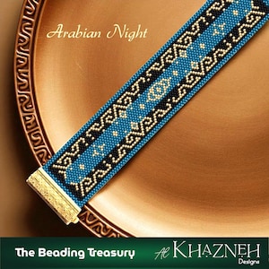 May include: A beaded bracelet with a blue, black, and gold geometric pattern. The bracelet is on a gold-colored surface. The text "Arabian Night" is above the bracelet. The text "The Beading Treasury" and "Al Khazneh Designs" are below the bracelet.