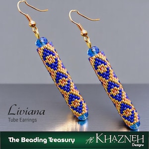 May include: Pair of Liviana tube earrings. The earrings feature a gold-colored hook and a blue crystal bead. The tube is cylindrical, with a pattern of blue and gold beads. The text "Liviana Tube Earrings" is visible.