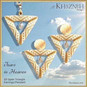 May include: Gold-toned pendant and earrings with a 3D open triangle design, featuring white and gold beading and a teardrop-shaped crystal. The text "Tears in Heaven" and "3D Open Triangle Earrings/Pendant" are visible.