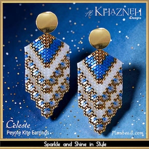 May include: A pair of Celeste Peyote Kite Earrings. These handmade earrings feature a geometric design with white, blue, and gold beads. The earrings have a gold disc at the top and are set against a blue background with text that reads "Sparkle and Shine in Style."