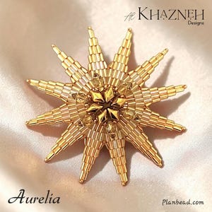 Pode incluir: Um broche em forma de estrela feito com miçangas douradas metálicas e contas tubulares alongadas. O centro apresenta um grupo de cristais dourados facetados dispostos em padrão de estrela. O texto Al KHAZNEH Designs e Aurelia Planbead.com aparece.