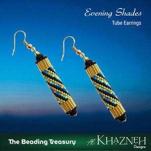 May include: A pair of tube earrings with the text "Evening Shades Tube Earrings." The earrings have a gold-coloured metal base, black accents, and a beaded pattern in black, blue, and turquoise. The earrings are suspended from gold-coloured hooks.
