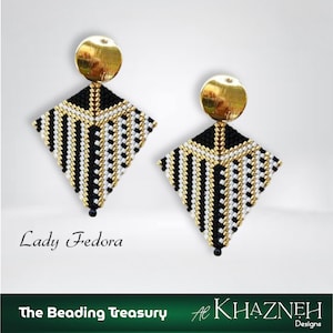 May include: A pair of geometric earrings with a gold disc top and a diamond-shaped body. The body is intricately beaded with black, white, and gold beads. The earrings are labeled "Lady Fedora" and "The Beading Treasury Al Khazneh Designs."