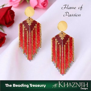 May include: A pair of beaded earrings with a gold disc top and a geometric design in shades of red, gold, and gray. The earrings are labeled "Flame of Passion" and "The Beading Treasury".