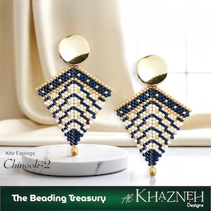 May include: A pair of kite-shaped earrings with a gold disc top and a beaded design. The earrings feature a navy blue, white, and gold chevron pattern. The text "Kite Earrings" and "Chinook-2" are visible.
