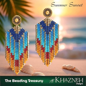 May include: Beaded earrings with a geometric design, featuring a colour gradient of blue, turquoise, red, orange, and yellow. The earrings have a gold-coloured circular top. The text "Summer Sunset" is visible. The earrings are displayed on a sandy surface.