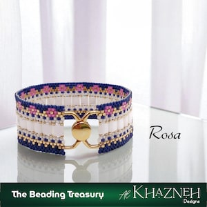 May include: A beaded bracelet with a gold clasp. The bracelet features white, navy blue, pink, and gold beads. The text "Rosa" is on the right side of the bracelet. The bottom of the image has the text "The Beading Treasury" and "Al Khazneh Designs".