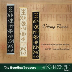 以下が含まれることがあります： バイキングルーンのデザインが施された、3つのビーズブレスレットパターン。パターンは、黒、クリーム、黒で、シルバー、ゴールド、ゴールドのアクセントが付いています。「Viking Runes」と「EVEN Peyote Bracelet Pattern」と書かれています。