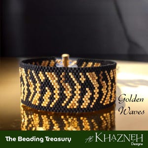 May include: A beaded bracelet with a black background and gold wave pattern. The bracelet is secured with a gold clasp. The text "Golden Waves" is on the right side of the image. The text "The Beading Treasury" and "Al Khazneh Designs" are at the bottom.