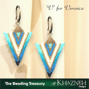 May include: Two beaded earrings with a triangular design, showcasing a gradient of blue and white beads. The earrings have silver-coloured hooks and are labelled "V for Veronica". The image includes the text "The Beading Treasury" and "Al Khazneh Designs".