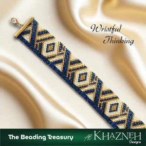 May include: A beaded bracelet with a geometric pattern in navy blue, gold, and white. The bracelet has a gold clasp and is displayed on a cream-colored satin fabric. The text "Wristful Thinking" is visible.