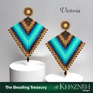 May include: A pair of beaded earrings with a turquoise and brown chevron design. The earrings are square-shaped with a gold-colored stud and a small, dangling bead at the bottom. The text "Victoria" is written in cursive. The bottom of the image reads "The Beading Treasury" and "Al Khazneh Designs."