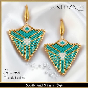 May include: A pair of turquoise and gold beaded triangle earrings. The earrings have a gold-coloured hook and are adorned with a white diamond-shaped design in the centre. The text "Jasmine Triangle Earrings" is visible.