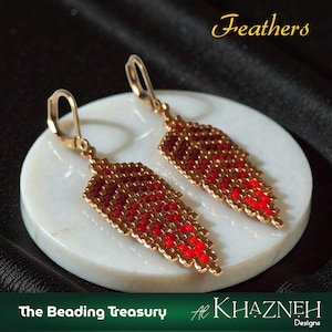 Patrón de pendientes de cuentas con punto peyote, plumas, diseño Al Khazneh, descarga en PDF