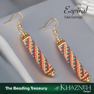 May include: Gold-coloured tube earrings with a beaded design. The earrings have a pattern of red, teal, and gold beads. The image includes the text "Espiral Tube Earrings". The bottom of the image reads "The Beading Treasury Al Khazneh Designs."