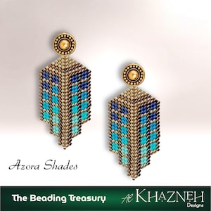 May include: A pair of beaded earrings with a gold-colored stud and a geometric, fan-shaped design. The earrings feature a gradient of blue and turquoise beads, with gold-colored beads outlining the edges. The text "Azora Shades" is visible.
