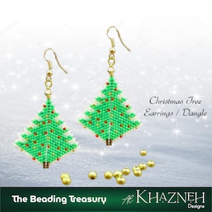 May include: A pair of Christmas tree dangle earrings. The earrings are green with red bead accents, and white borders. The earrings are suspended from gold-colored hooks. The text "Christmas Tree Earrings / Dangle" is visible.