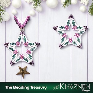 May include: Handmade beaded star ornaments in white, green, purple, and pink. One star is hanging, and another is lying flat. A small bronze star is at the bottom. The text "The Beading Treasury" and "Al Khazneh Designs" are at the bottom.
