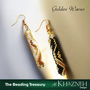 May include: Handmade beaded earrings, one white and gold, the other black and gold, both with wave patterns. Gold-coloured hooks and clear crystal accents are present. The text "Golden Waves" is visible. The earrings are a unique accessory.